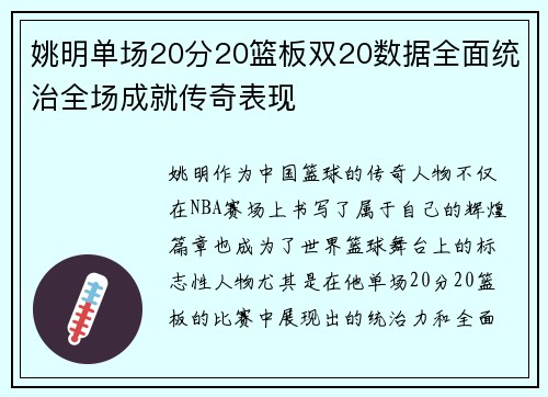 姚明单场20分20篮板双20数据全面统治全场成就传奇表现